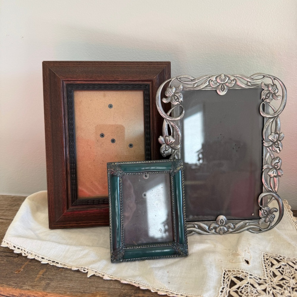 Vintage‎ Picture Frame Set Thomasville Wood Fetco Silver Floral Green Ornate 3pc